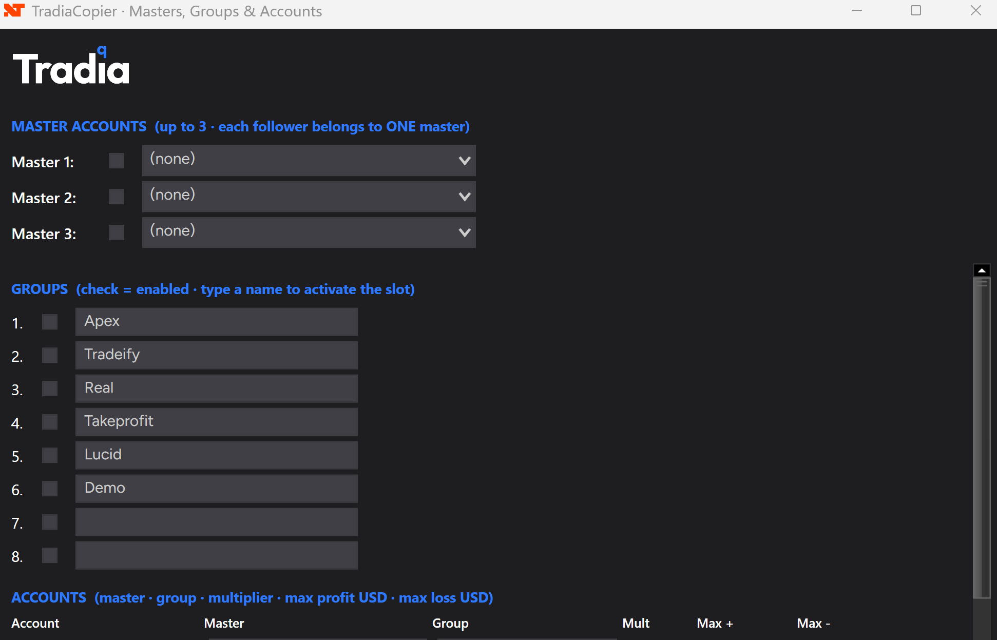 TradiaCopier — Masters, Groups & Accounts editor