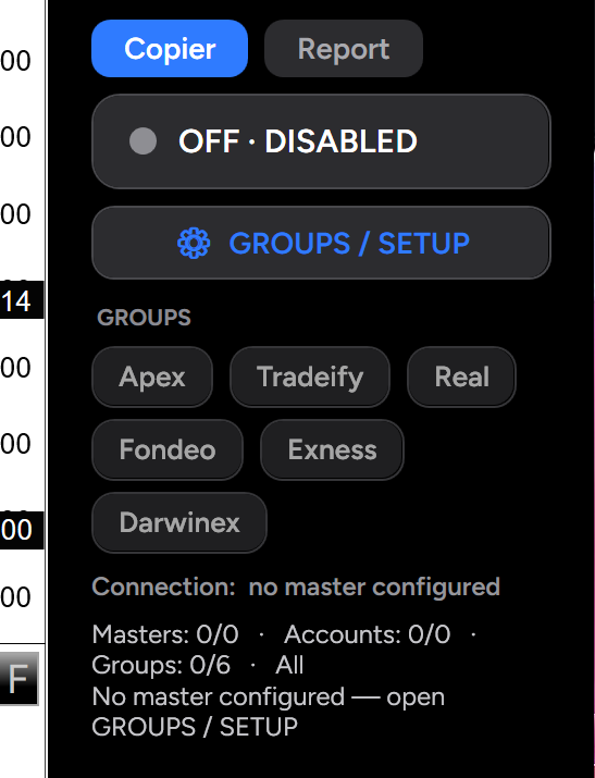 TradiaCopier control panel inside the NinjaTrader chart